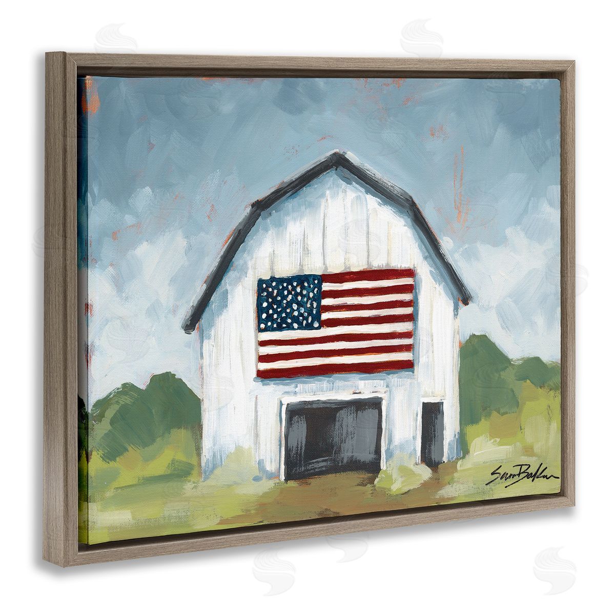 Patriotic Country Barn Brown Floating Frame Canvas Wall Art, Home Decor by Sara Baker