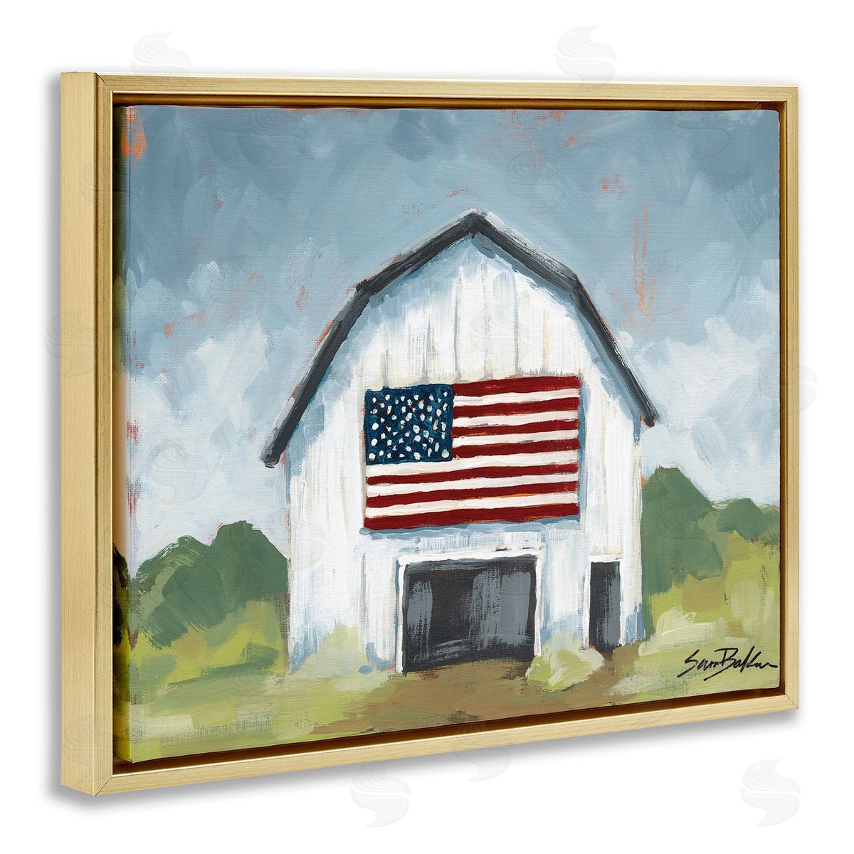 Patriotic Country Barn Gold Floating Frame Canvas Wall Art, Home Decor by Sara Baker