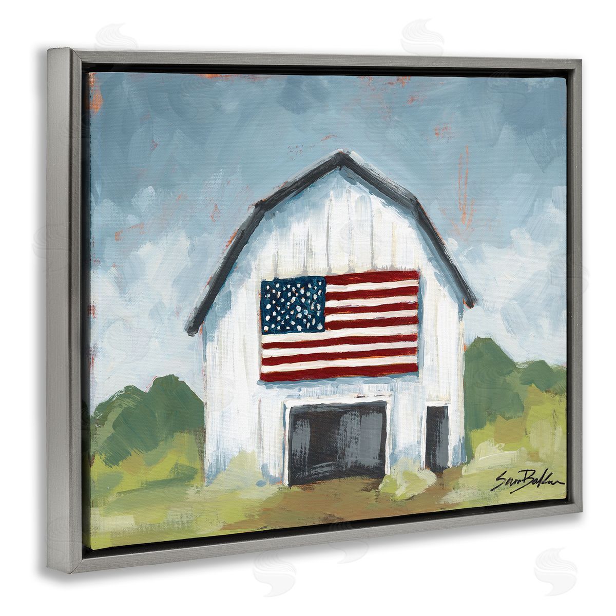 Patriotic Country Barn Grey Floating Frame Canvas Wall Art, Home Decor by Sara Baker