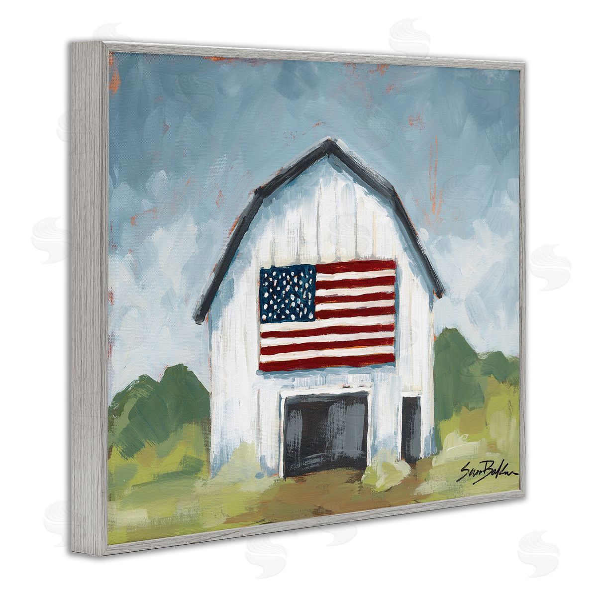 Patriotic Country Barn Grey Frame Print Wall Art, Home Decor by Sara Baker