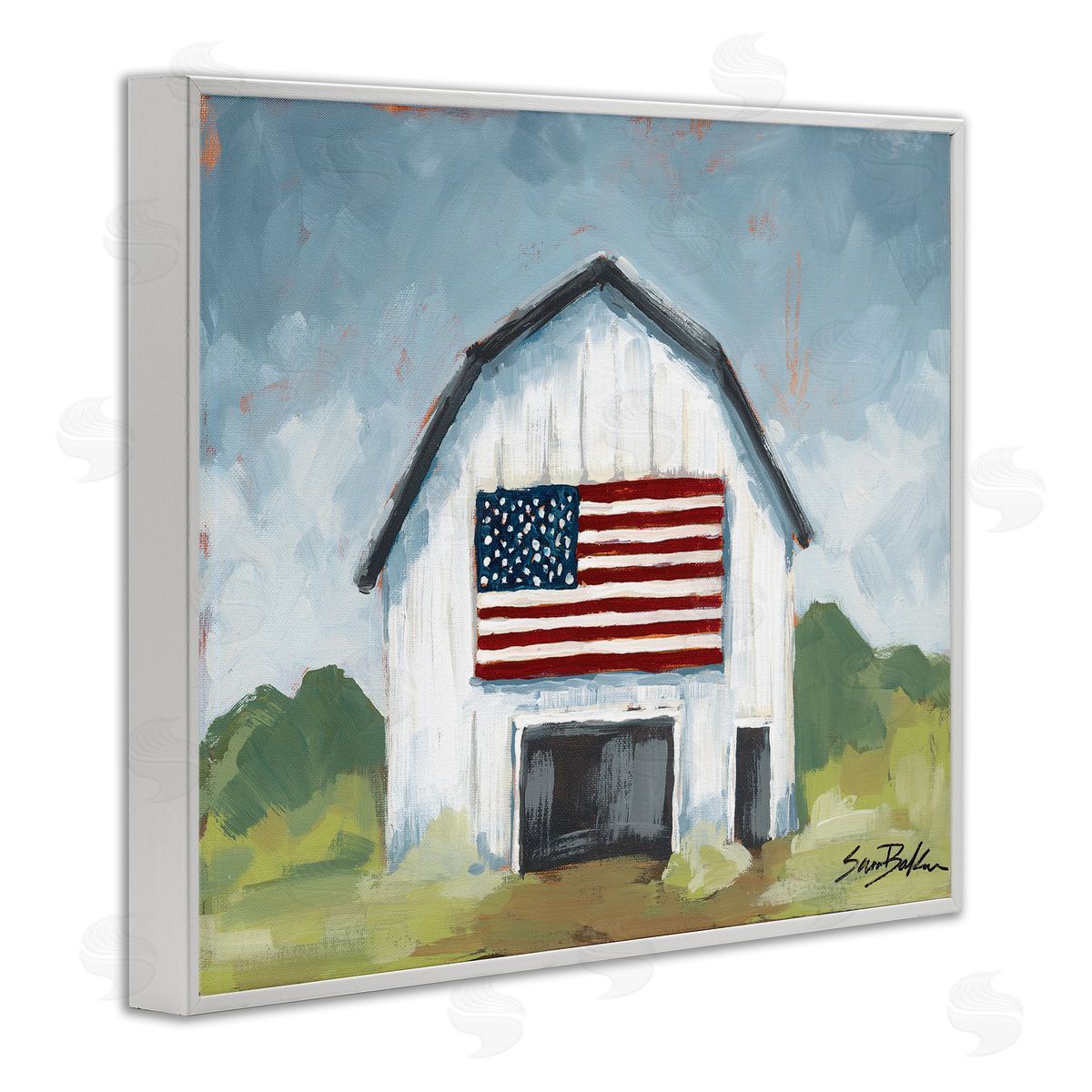 Patriotic Country Barn White Frame Print Wall Art, Home Decor by Sara Baker