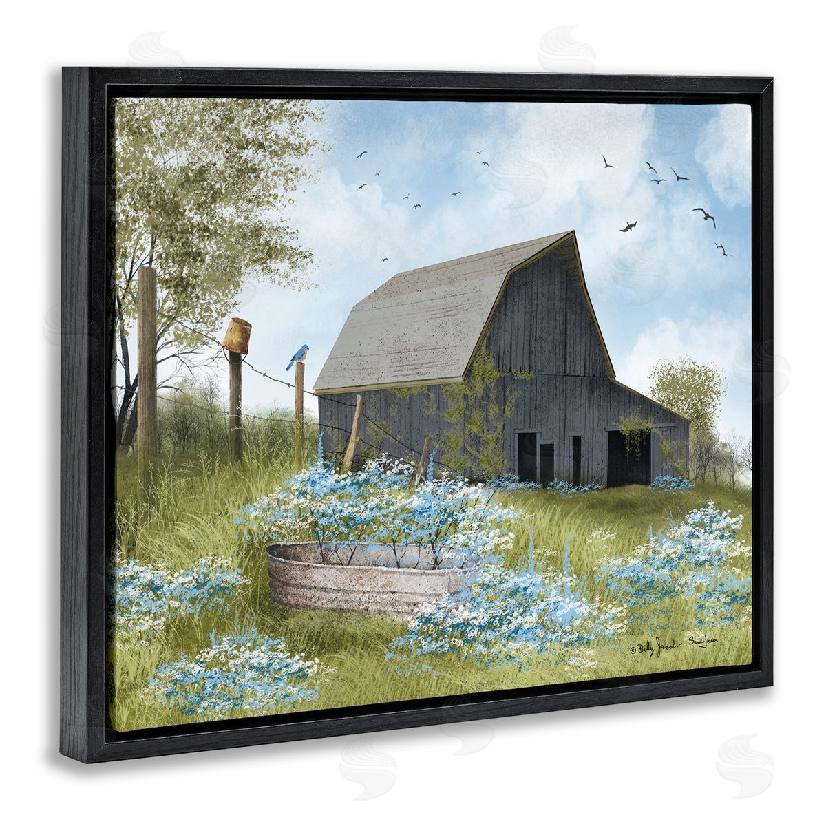 Blue Floral Country Garden Black Floating Frame Canvas Wall Art, Home Decor by Billy Jacobs