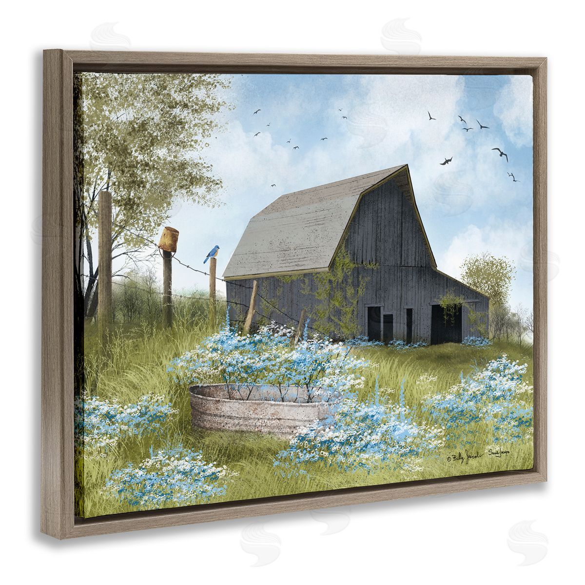 Blue Floral Country Garden Brown Floating Frame Canvas Wall Art, Home Decor by Billy Jacobs