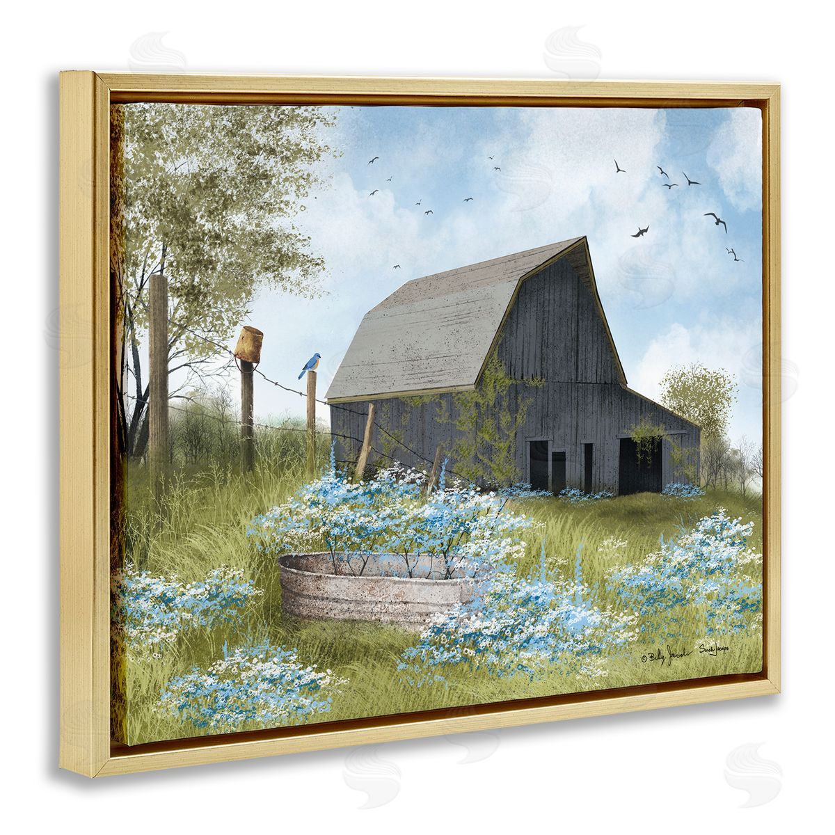 Blue Floral Country Garden Gold Floating Frame Canvas Wall Art, Home Decor by Billy Jacobs