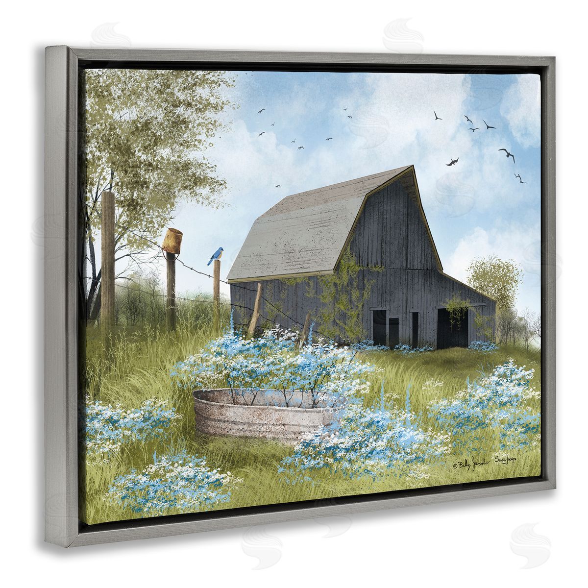 Blue Floral Country Garden Grey Floating Frame Canvas Wall Art, Home Decor by Billy Jacobs
