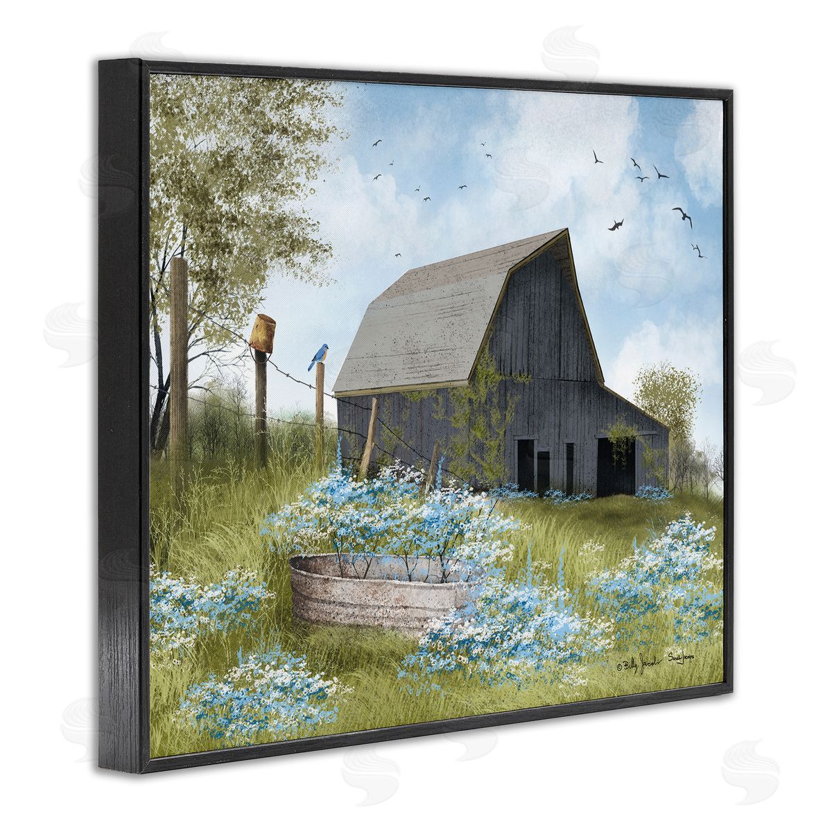 Blue Floral Country Garden Black Frame Print Wall Art, Home Decor by Billy Jacobs