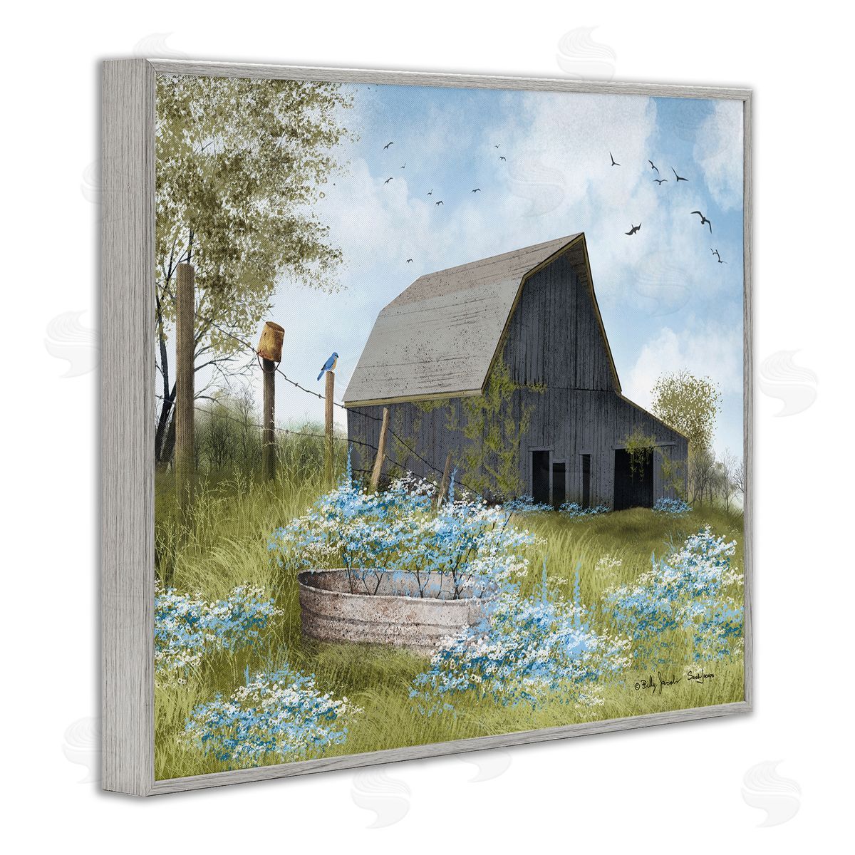 Blue Floral Country Garden Grey Frame Print Wall Art, Home Decor by Billy Jacobs