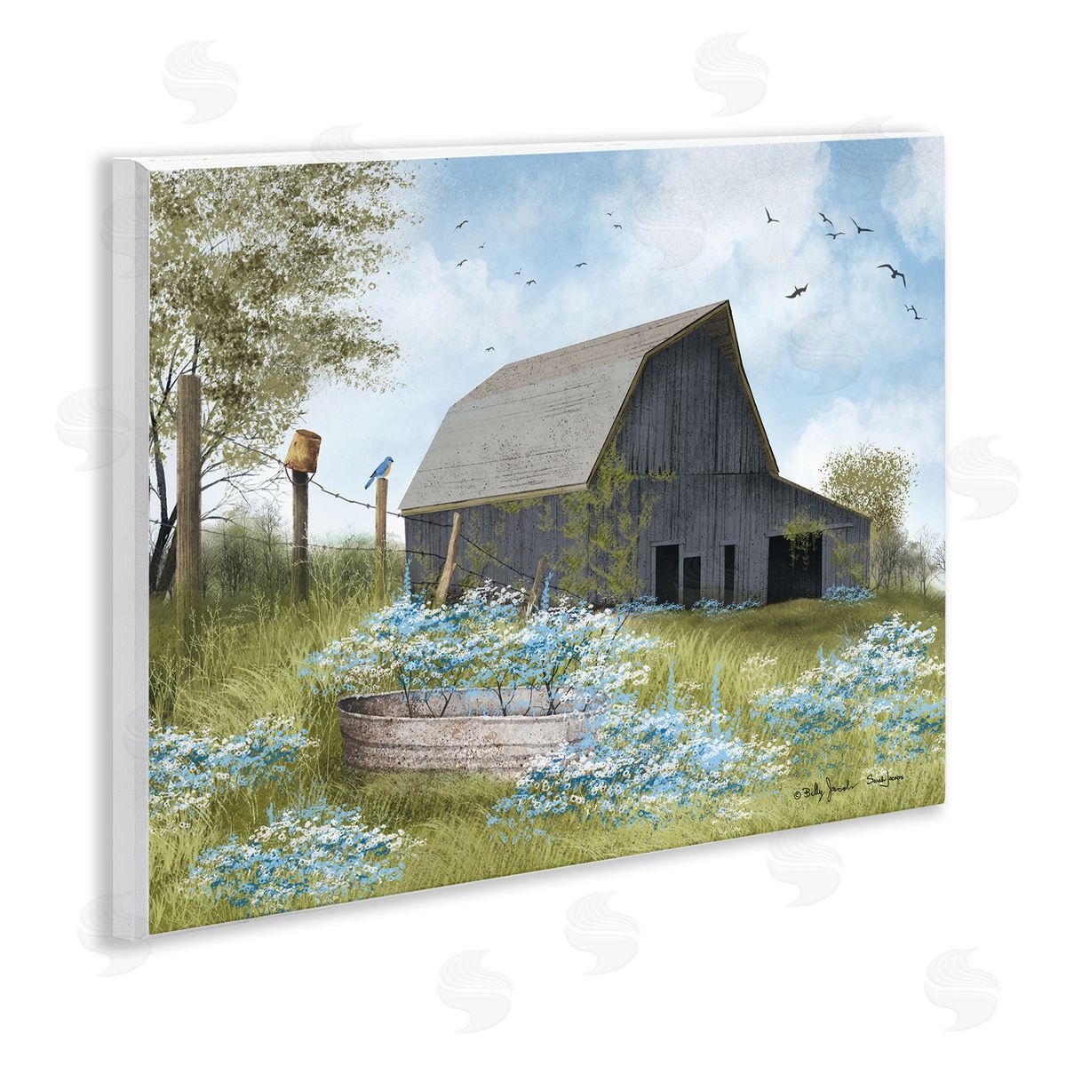 Blue Floral Country Garden Wood Plaque Wall Art, Home Decor by Billy Jacobs