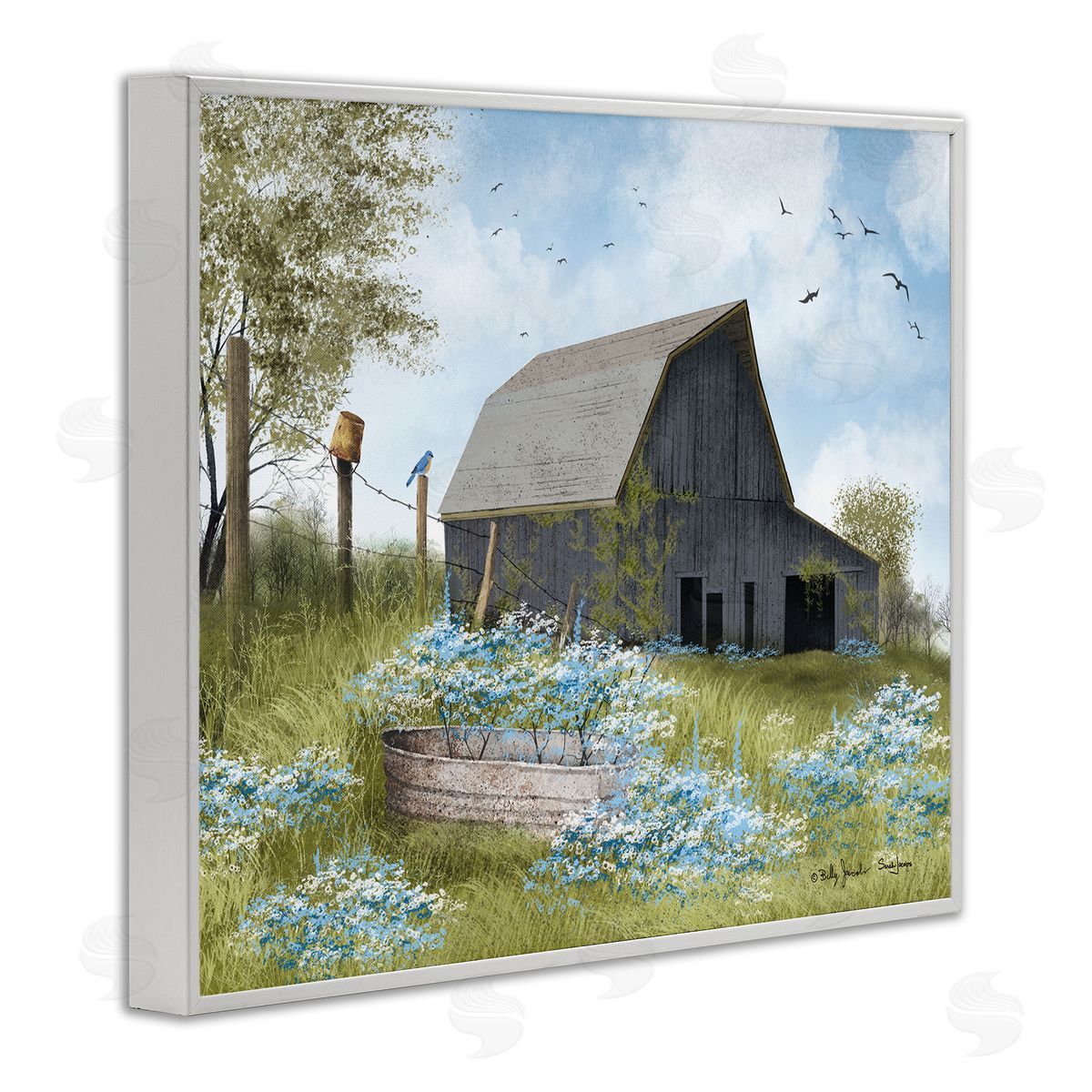 Blue Floral Country Garden White Frame Print Wall Art, Home Decor by Billy Jacobs