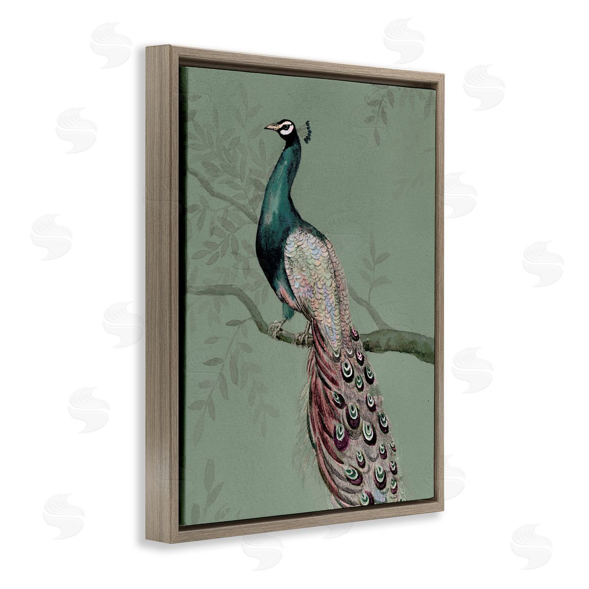 Regal Peacock on Branch Brown Floating Frame Canvas Wall Art, Home Decor by Cloverfield & Co.