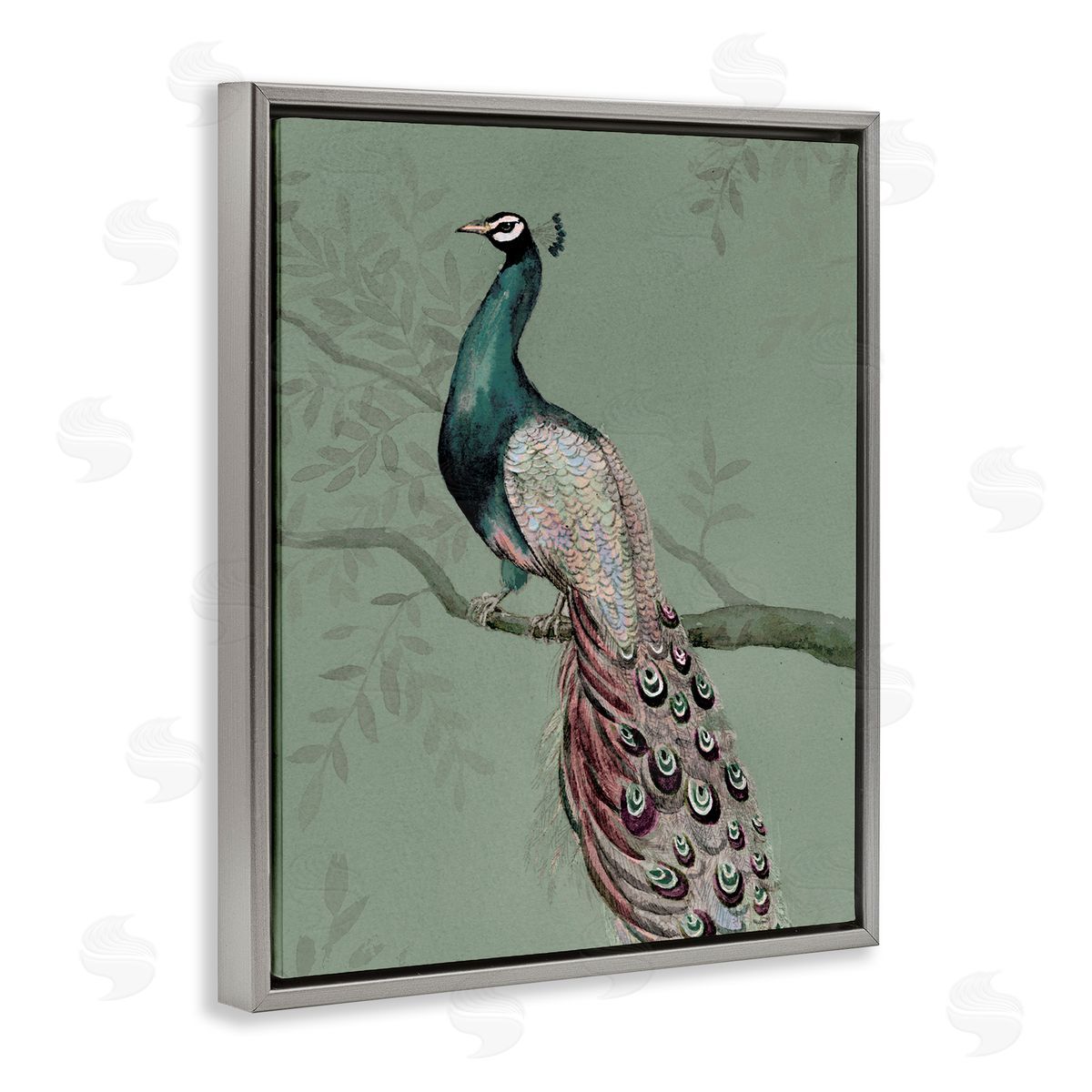 Regal Peacock on Branch Grey Floating Frame Canvas Wall Art, Home Decor by Cloverfield & Co.