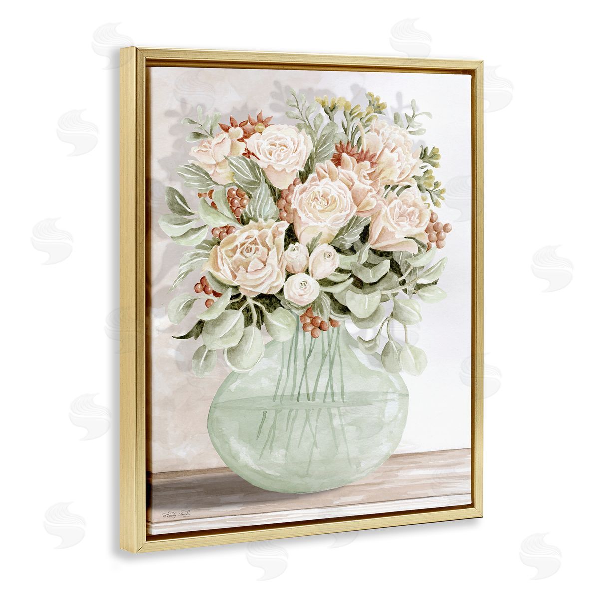 Rose & Herb Bouquet Gold Floating Frame Canvas Wall Art, Home Decor by Cindy Jacobs