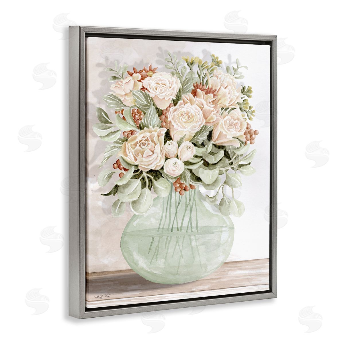 Rose & Herb Bouquet Grey Floating Frame Canvas Wall Art, Home Decor by Cindy Jacobs