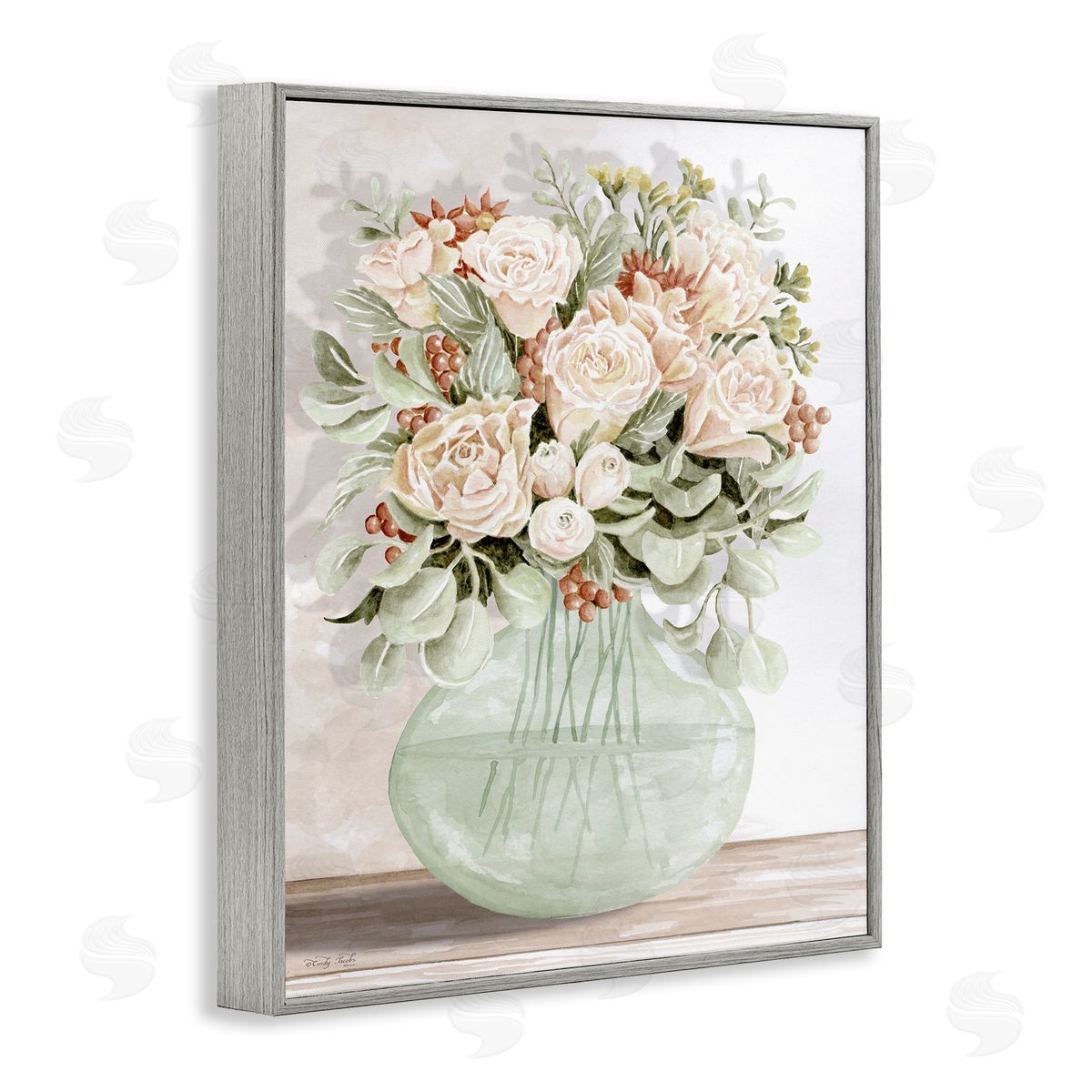 Rose & Herb Bouquet Grey Frame Print Wall Art, Home Decor by Cindy Jacobs
