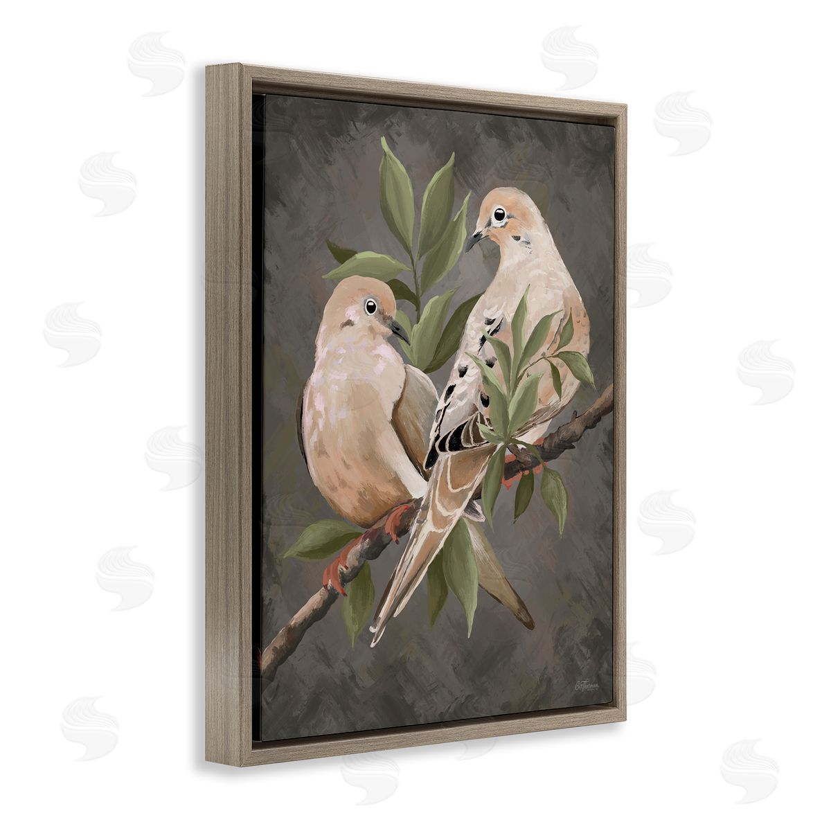 Bird Pair on Grey Brown Floating Frame Canvas Wall Art, Home Decor by Cat Thurman Designs