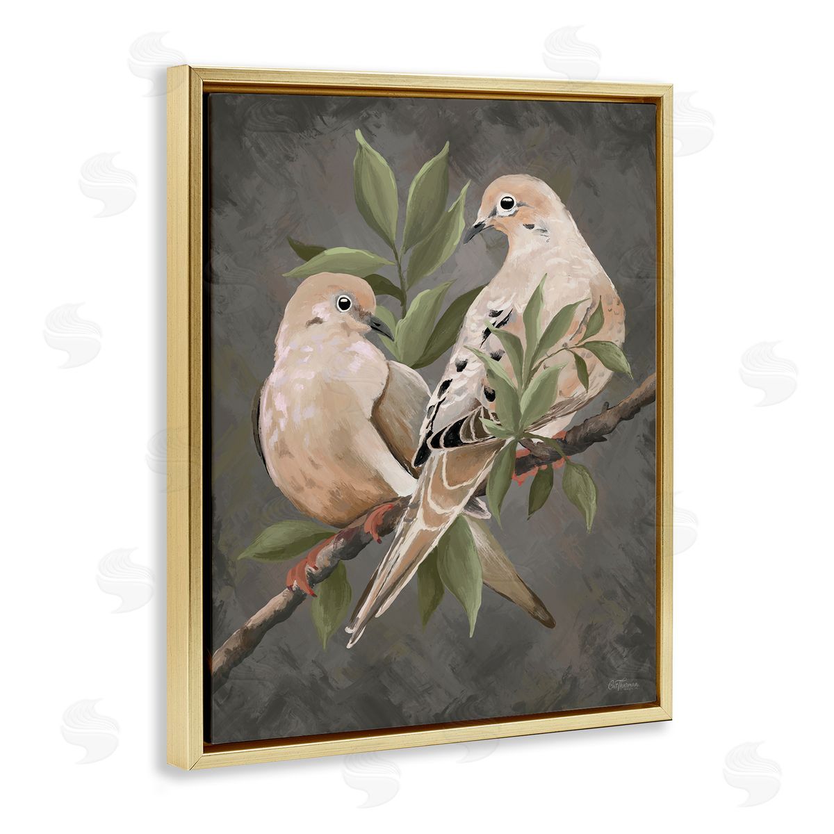 Bird Pair on Grey Gold Floating Frame Canvas Wall Art, Home Decor by Cat Thurman Designs