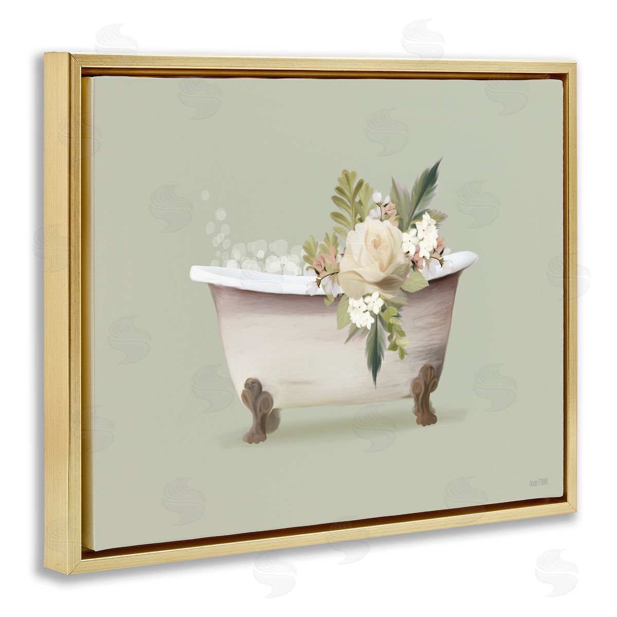 Floral Rose Tub Gold Floating Frame Canvas Wall Art, Home Decor by House Fenway
