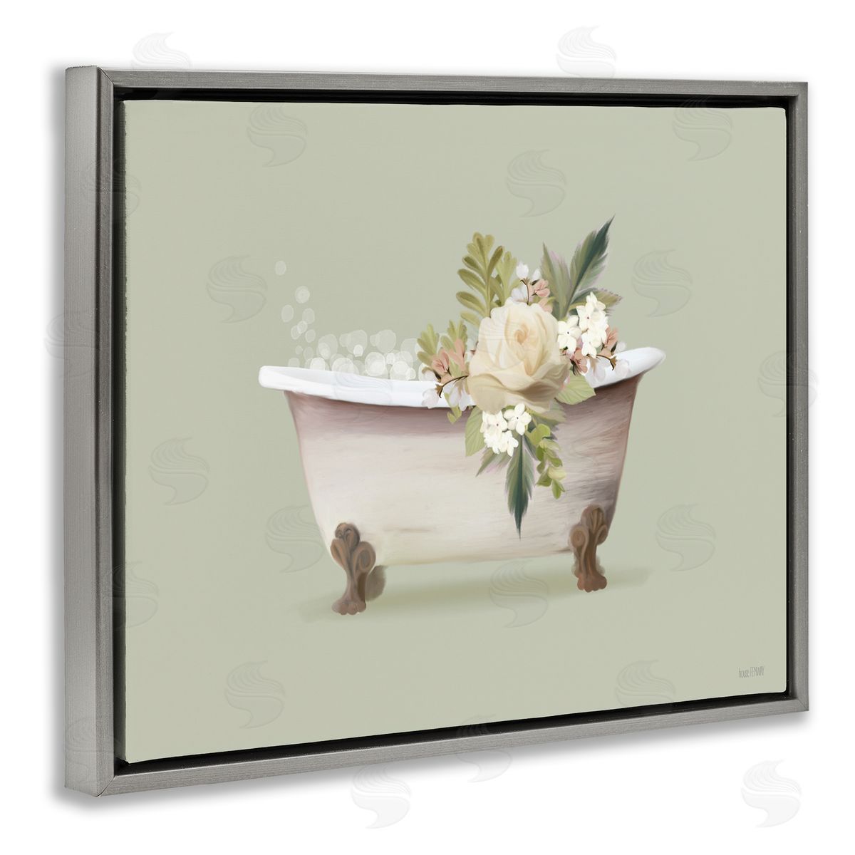 Floral Rose Tub Grey Floating Frame Canvas Wall Art, Home Decor by House Fenway