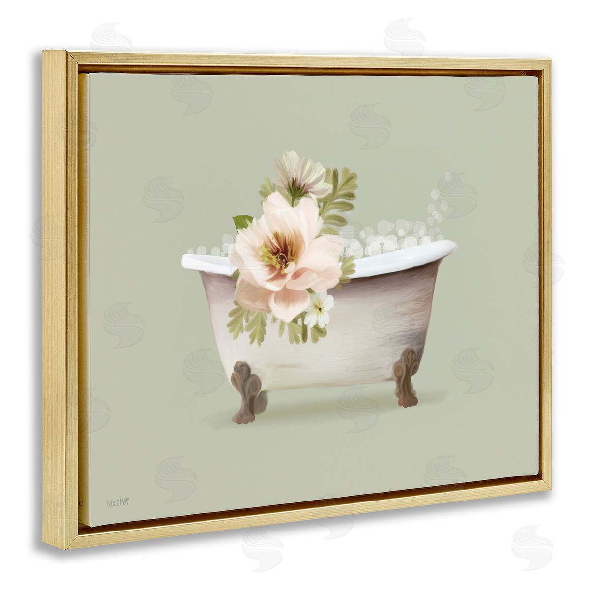 Soft Blooms Bubble Bath Gold Floating Frame Canvas Wall Art, Home Decor by House Fenway