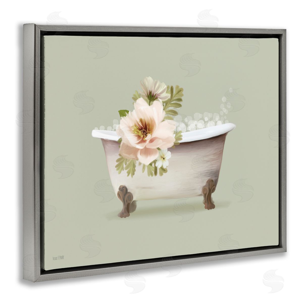 Soft Blooms Bubble Bath Grey Floating Frame Canvas Wall Art, Home Decor by House Fenway