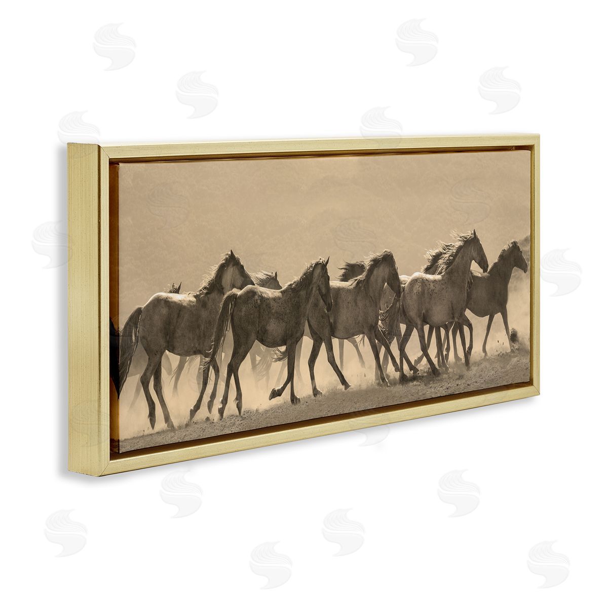 Western Horses Gallop Gold Floating Frame Canvas Wall Art, Home Decor by JG Studio