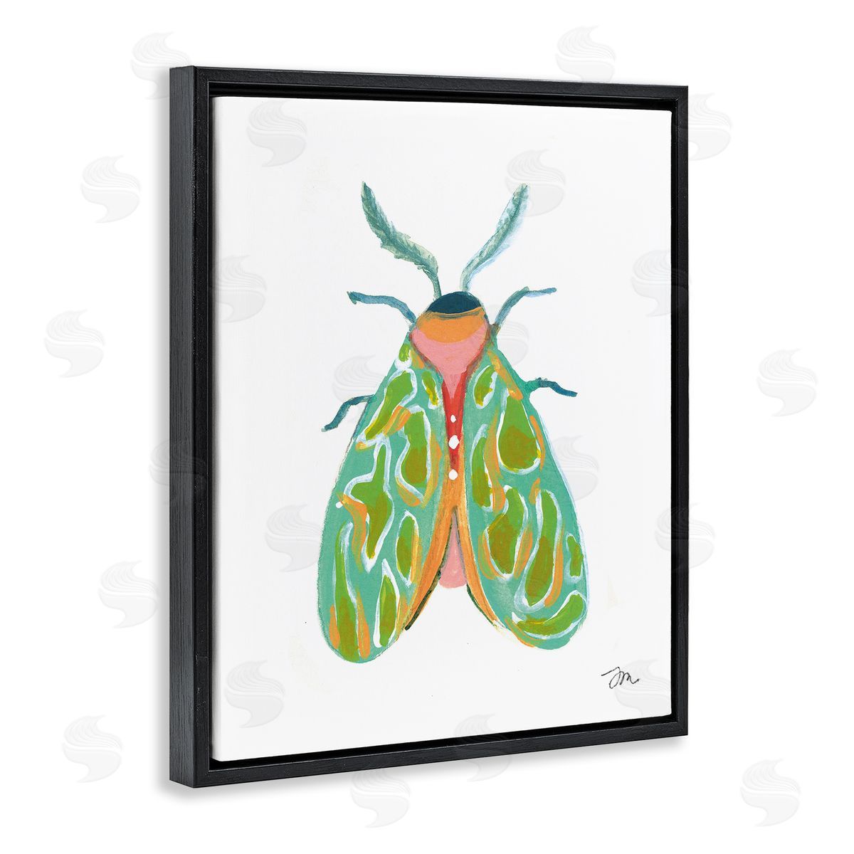 Green Pattern Moth Black Floating Frame Canvas Wall Art, Home Decor by Jessica Mingo