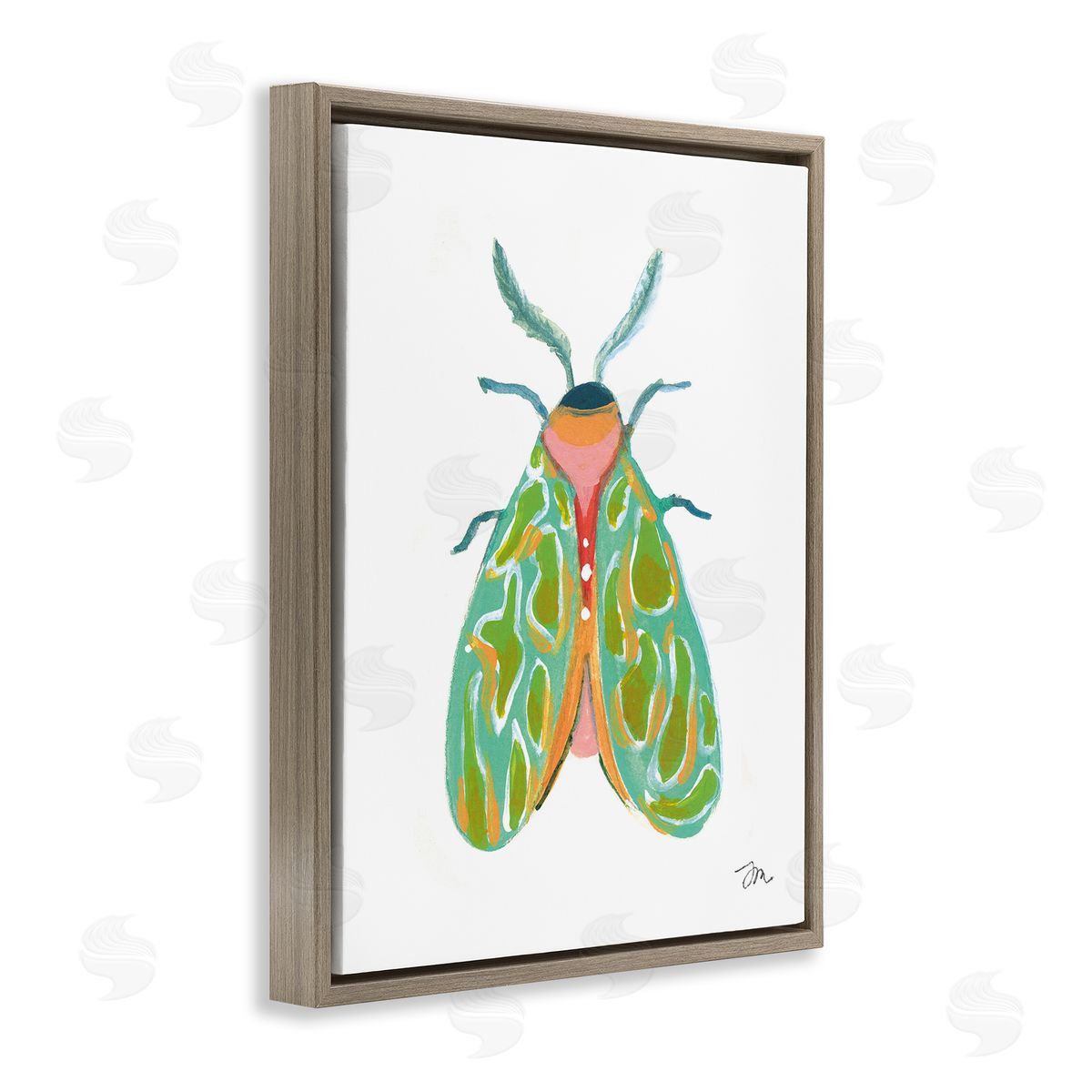 Green Pattern Moth Brown Floating Frame Canvas Wall Art, Home Decor by Jessica Mingo