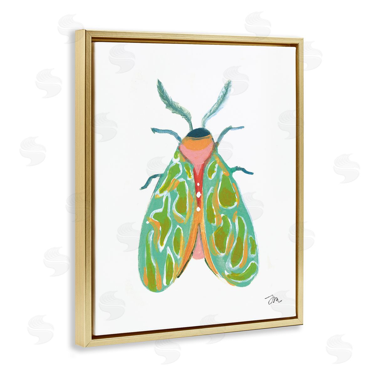 Green Pattern Moth Gold Floating Frame Canvas Wall Art, Home Decor by Jessica Mingo