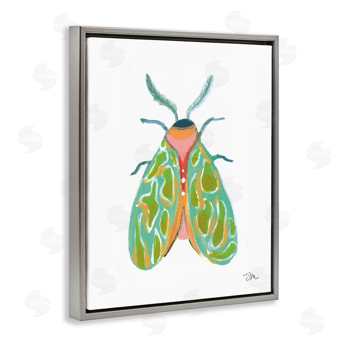 Green Pattern Moth Grey Floating Frame Canvas Wall Art, Home Decor by Jessica Mingo