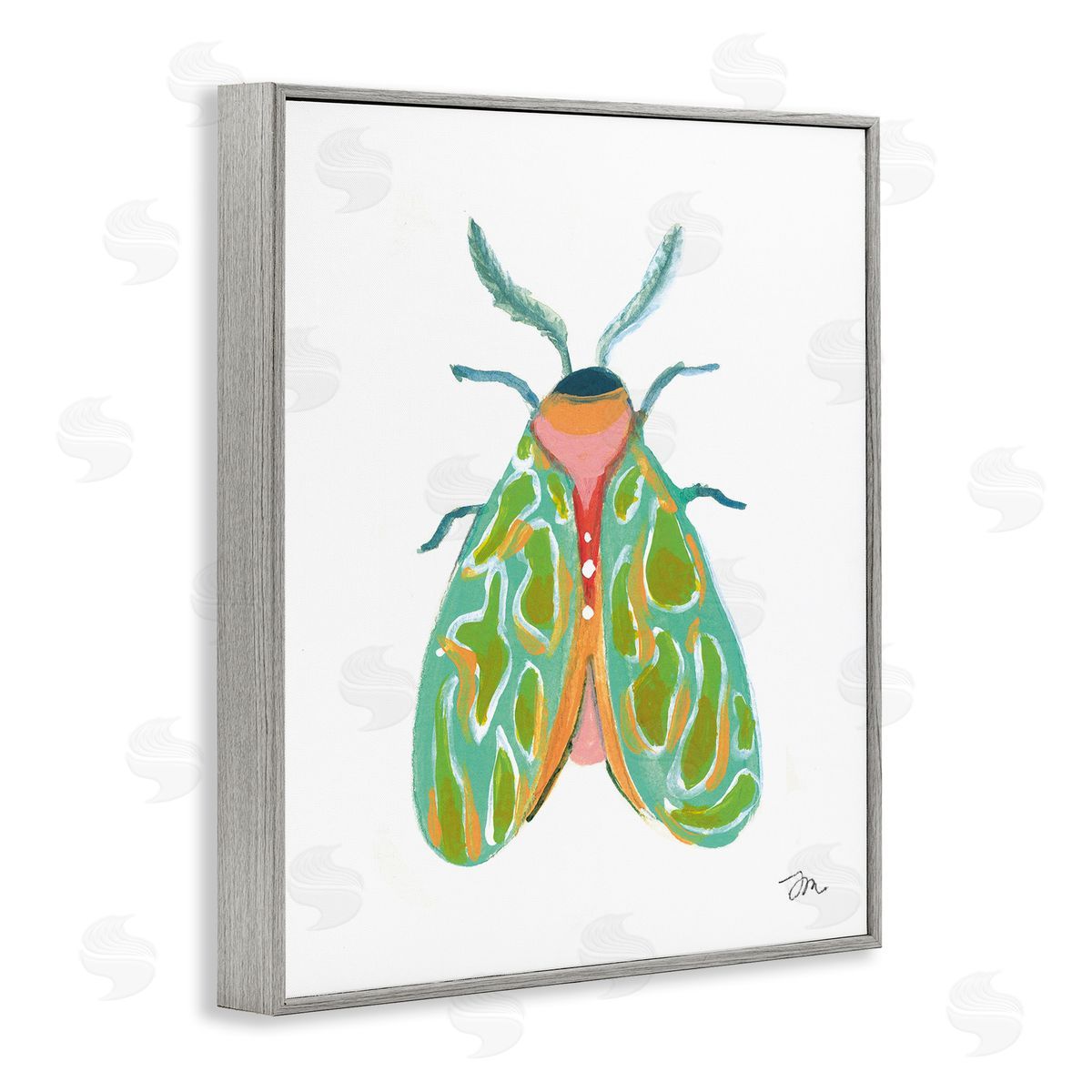 Green Pattern Moth Grey Frame Print Wall Art, Home Decor by Jessica Mingo