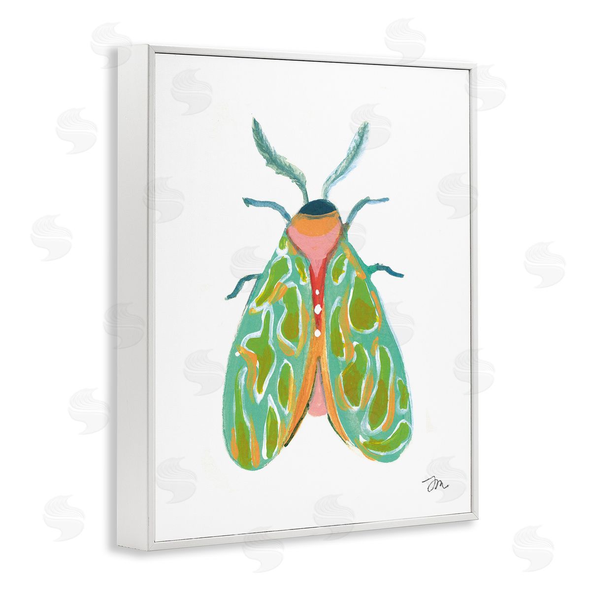 Green Pattern Moth White Frame Print Wall Art, Home Decor by Jessica Mingo