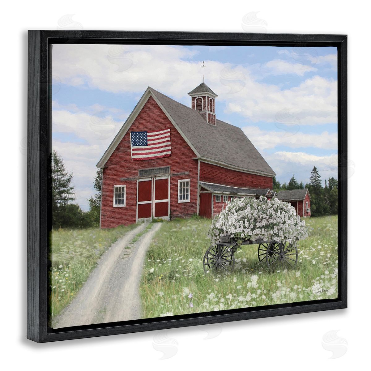 Barn with Floral Wagon Black Floating Frame Canvas Wall Art, Home Decor by Lori Deiter