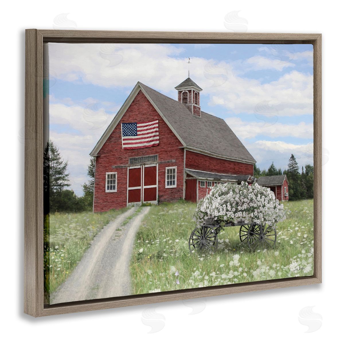 Barn with Floral Wagon Brown Floating Frame Canvas Wall Art, Home Decor by Lori Deiter