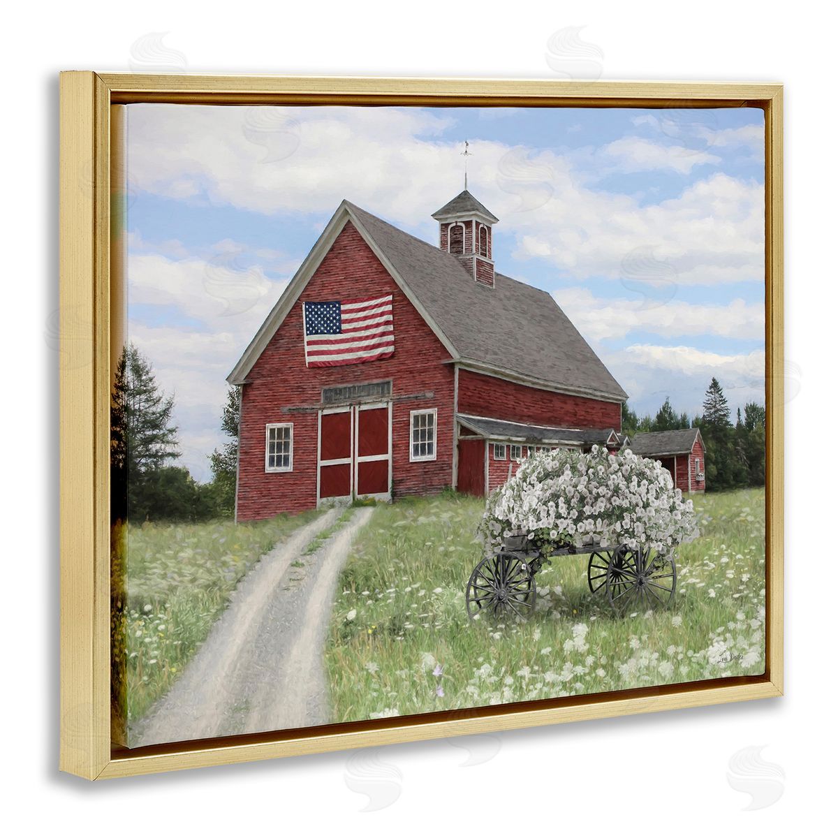 Barn with Floral Wagon Gold Floating Frame Canvas Wall Art, Home Decor by Lori Deiter