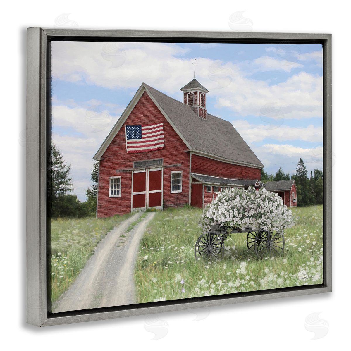 Barn with Floral Wagon Grey Floating Frame Canvas Wall Art, Home Decor by Lori Deiter
