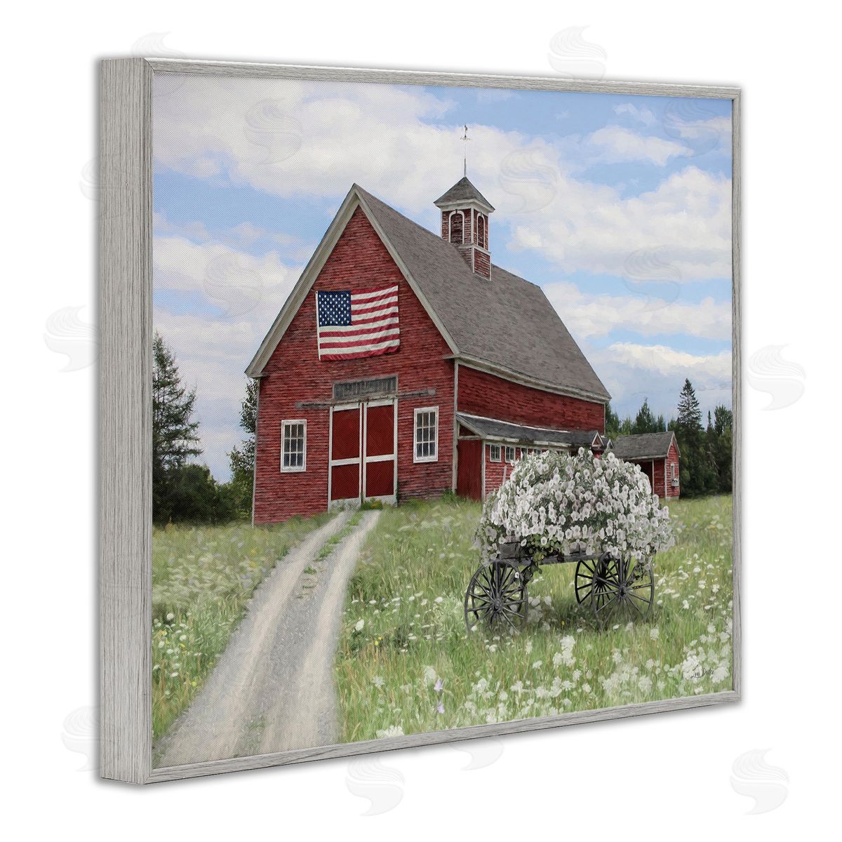 Barn with Floral Wagon Grey Frame Print Wall Art, Home Decor by Lori Deiter