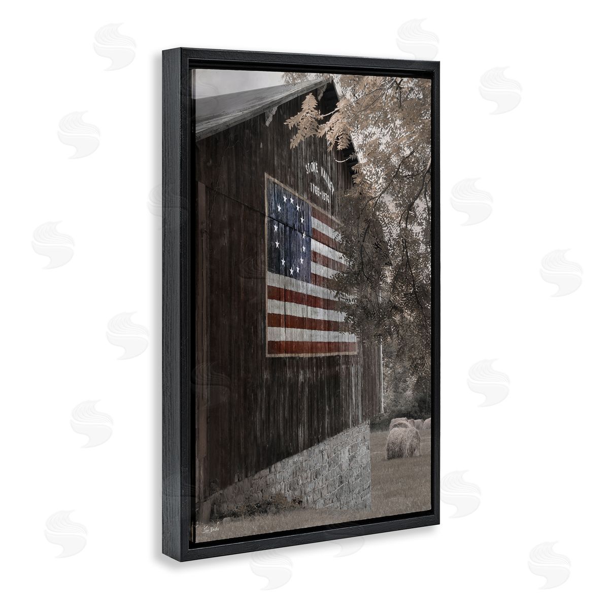 Colonial Flag on Barn Black Floating Frame Canvas Wall Art, Home Decor by Lori Deiter