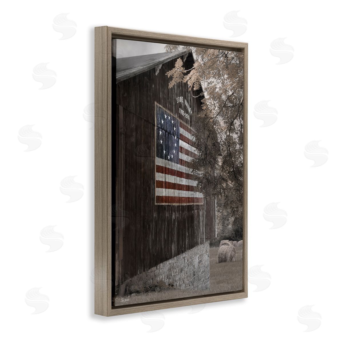 Colonial Flag on Barn Brown Floating Frame Canvas Wall Art, Home Decor by Lori Deiter