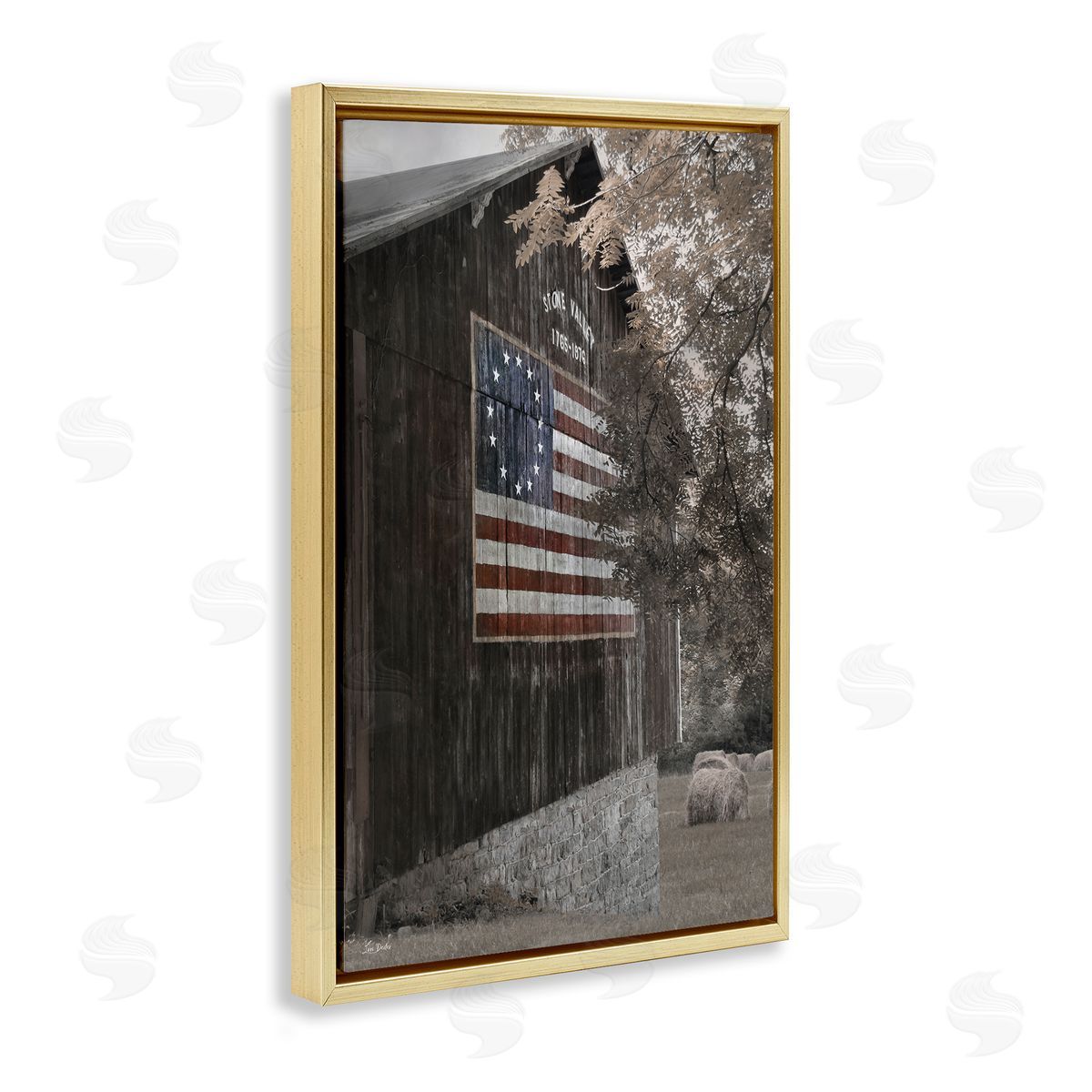 Colonial Flag on Barn Gold Floating Frame Canvas Wall Art, Home Decor by Lori Deiter