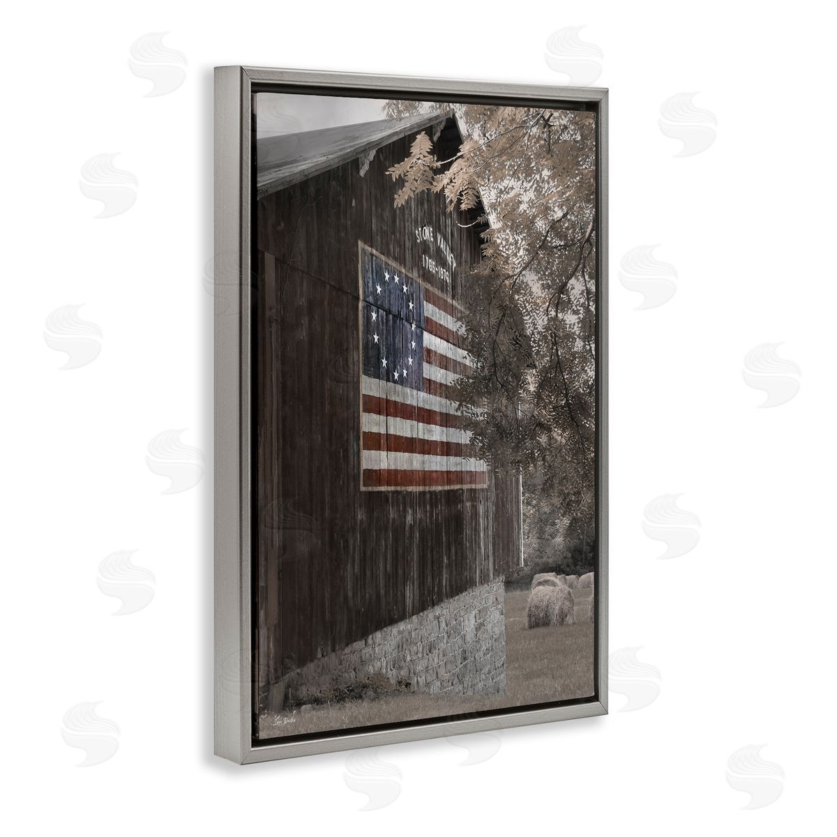 Colonial Flag on Barn Grey Floating Frame Canvas Wall Art, Home Decor by Lori Deiter