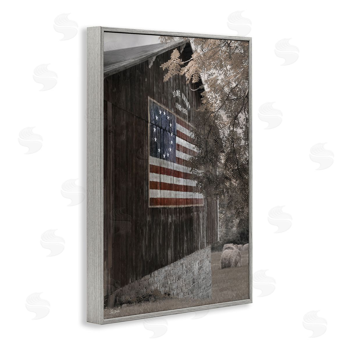 Colonial Flag on Barn Grey Frame Print Wall Art, Home Decor by Lori Deiter