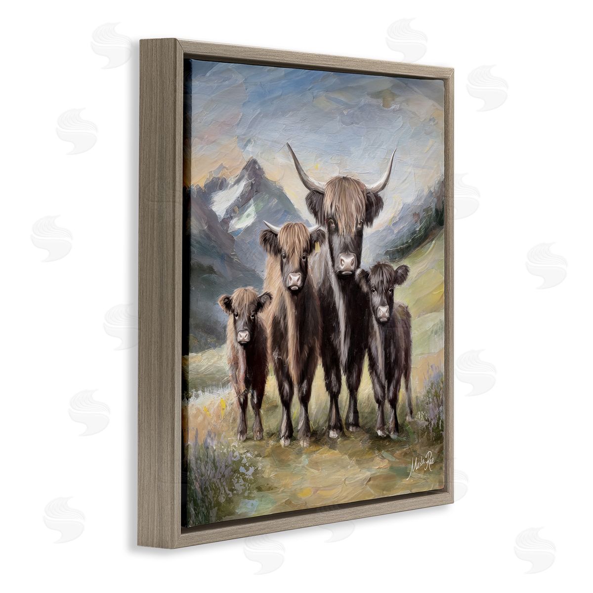 Cattle Family in Highlands Brown Floating Frame Canvas Wall Art, Home Decor by Marla Rae