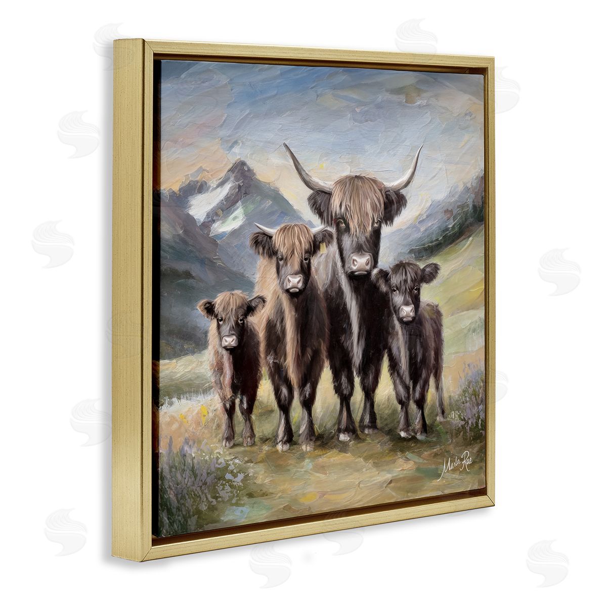Cattle Family in Highlands Gold Floating Frame Canvas Wall Art, Home Decor by Marla Rae