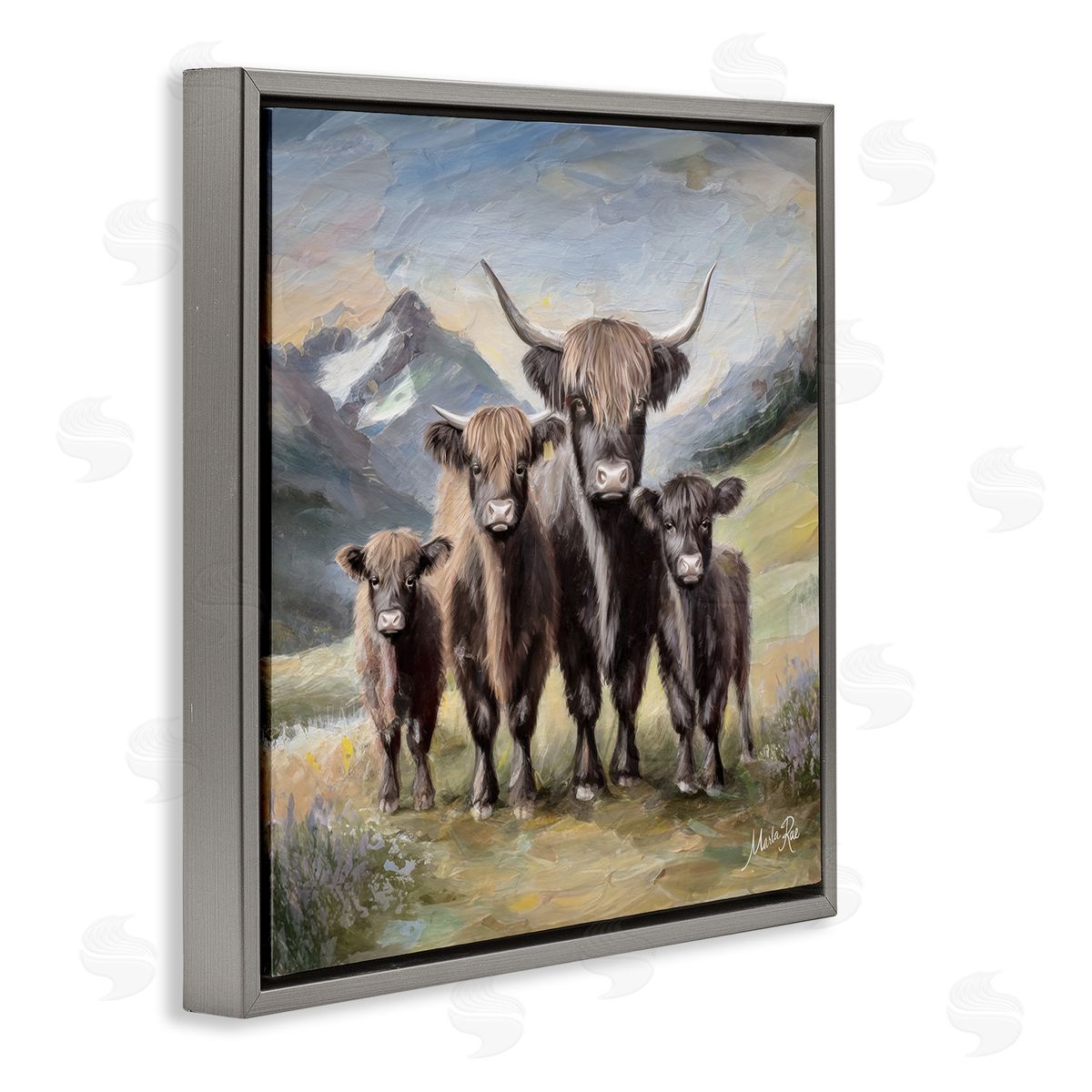 Cattle Family in Highlands Grey Floating Frame Canvas Wall Art, Home Decor by Marla Rae