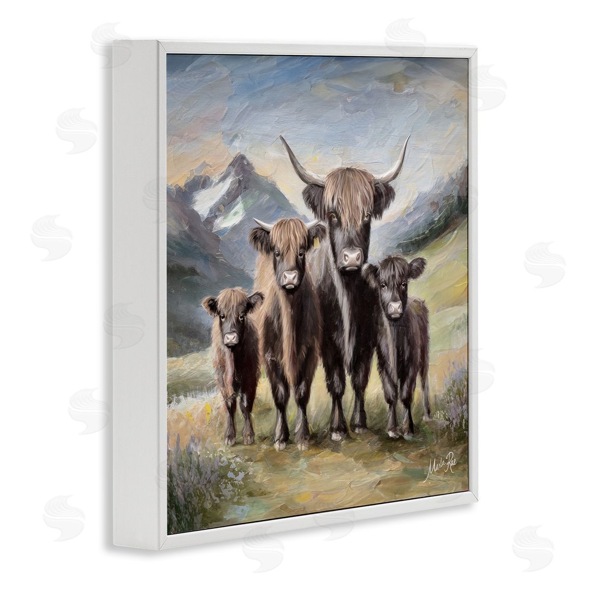 Cattle Family in Highlands White Frame Print Wall Art, Home Decor by Marla Rae
