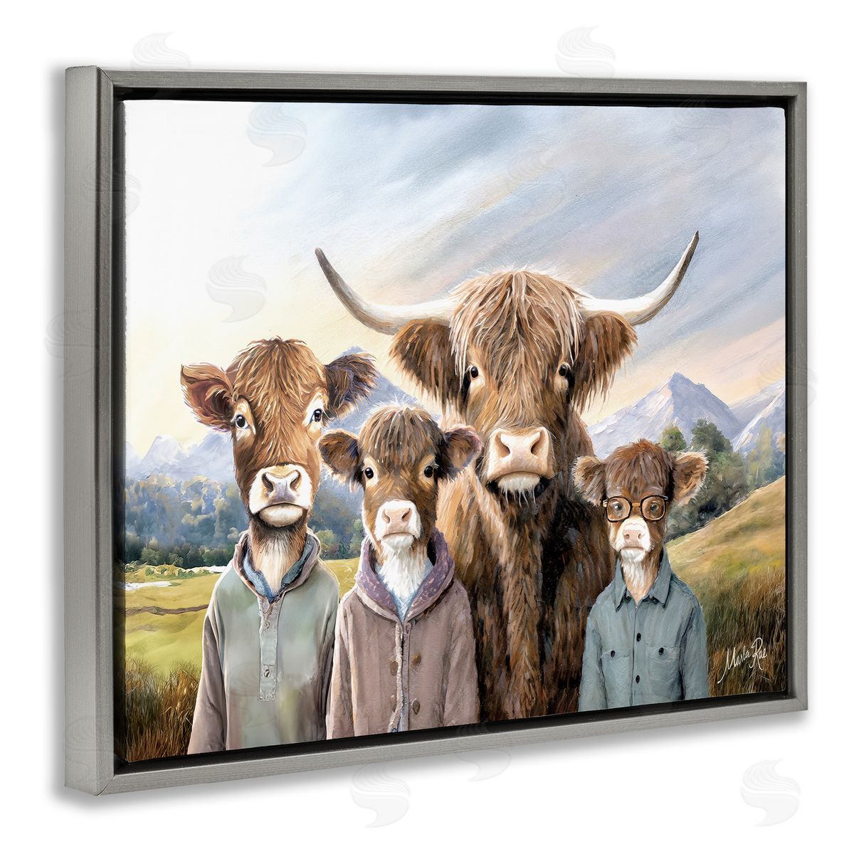 Cattle Family Portrait Grey Floating Frame Canvas Wall Art, Home Decor by Marla Rae