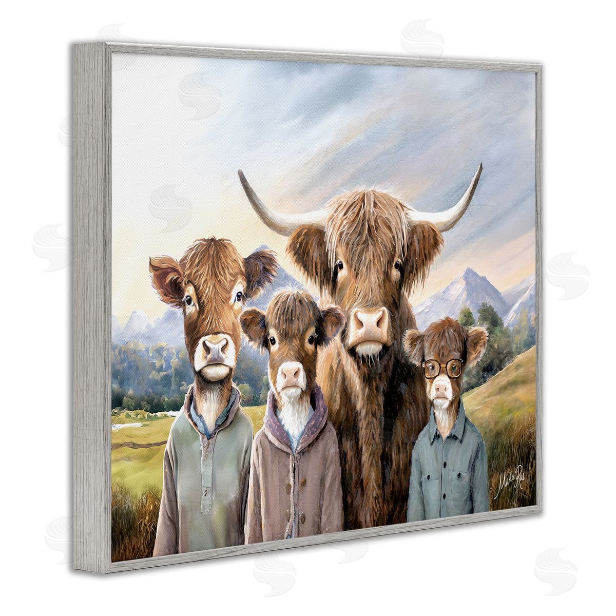 Cattle Family Portrait Grey Frame Print Wall Art, Home Decor by Marla Rae