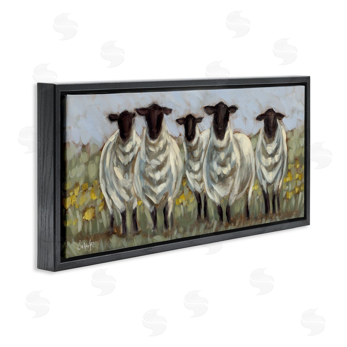Gazing Sheep Impression Black Floating Frame Canvas Wall Art, Home Decor by Sara G. Designs
