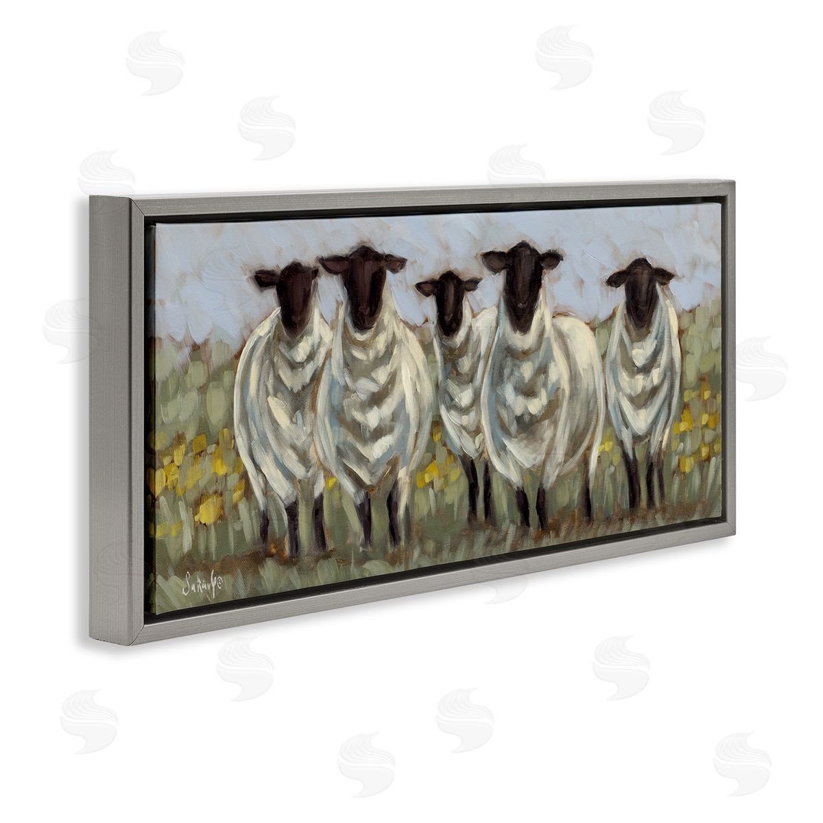 Gazing Sheep Impression Grey Floating Frame Canvas Wall Art, Home Decor by Sara G. Designs