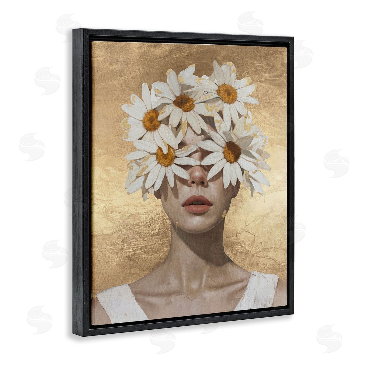 Daisy Adorned Woman Black Floating Frame Canvas Wall Art, Home Decor by Svetlana Aleynikova